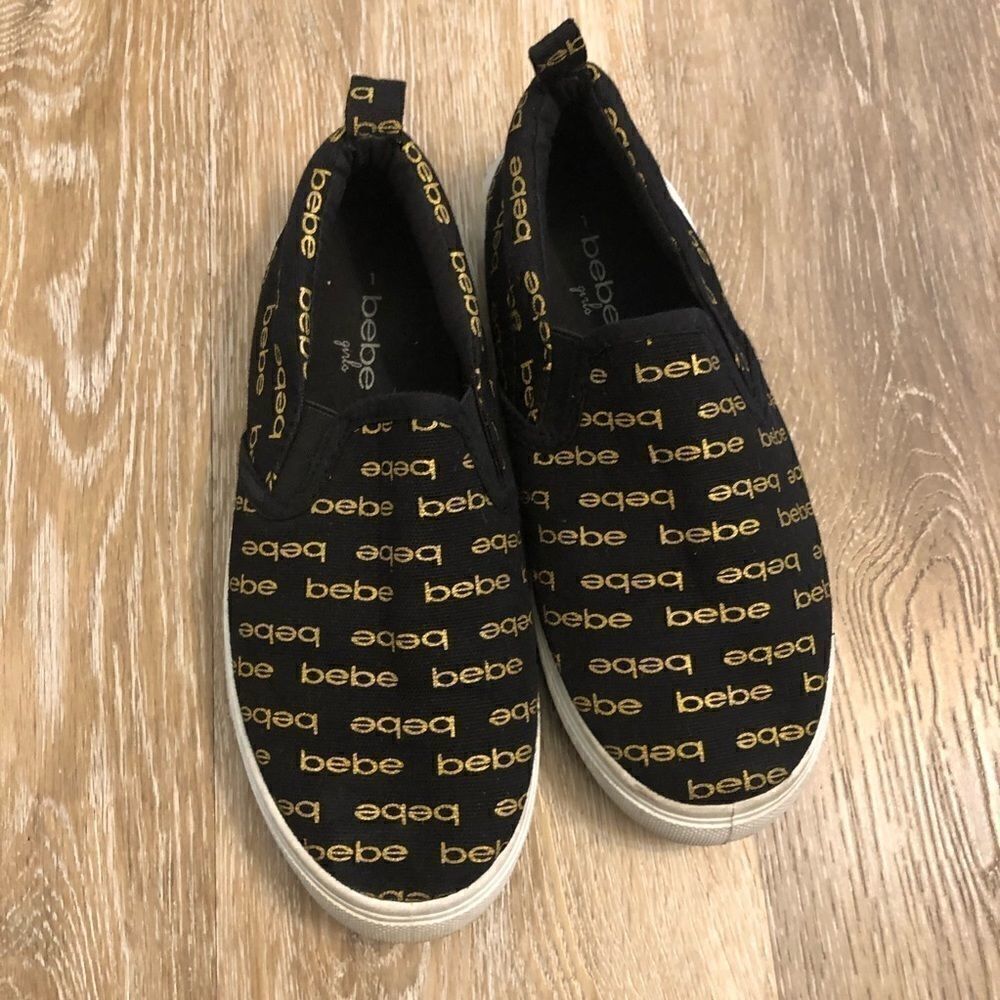Bebe Girls Size 1 Black Gold Logo Slip-On Sneakers Shoes